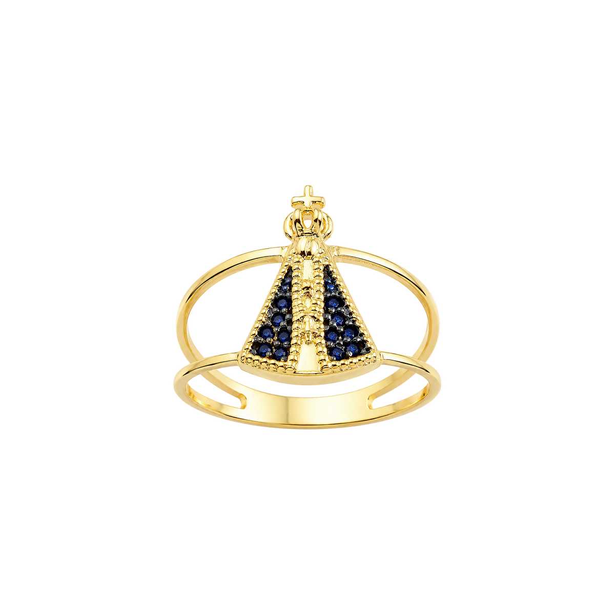 Anel Nossa Senhora Aparecida em Prata 925 com banho de ouro 18k com Zircônias