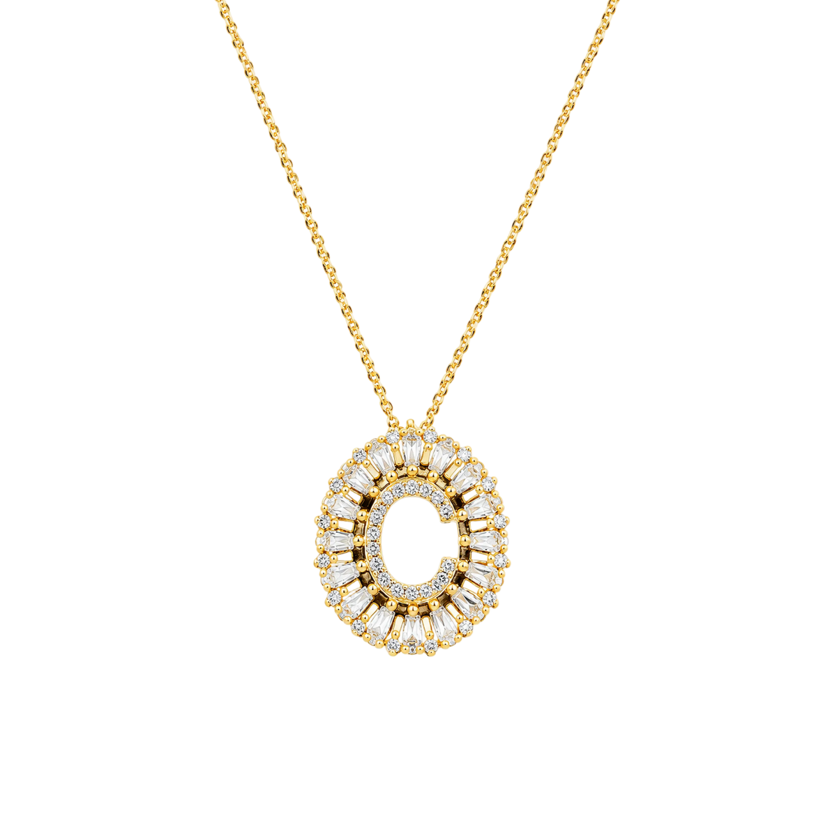 Colar Letra C em Prata 925 com banho de ouro 18k com Zircônias baguete
